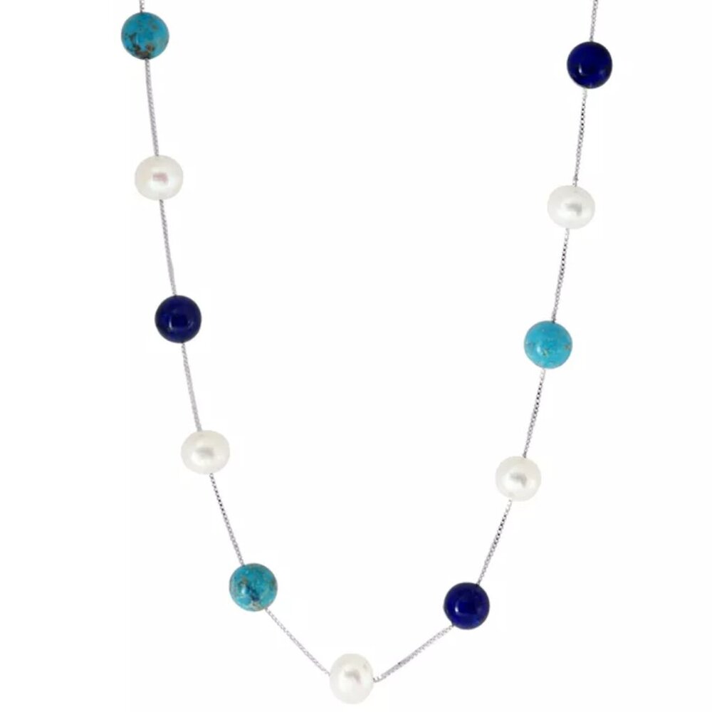 Effy 18" Collar Necklace – Pearl, Lapis and Turquoise 18" 925 Silver